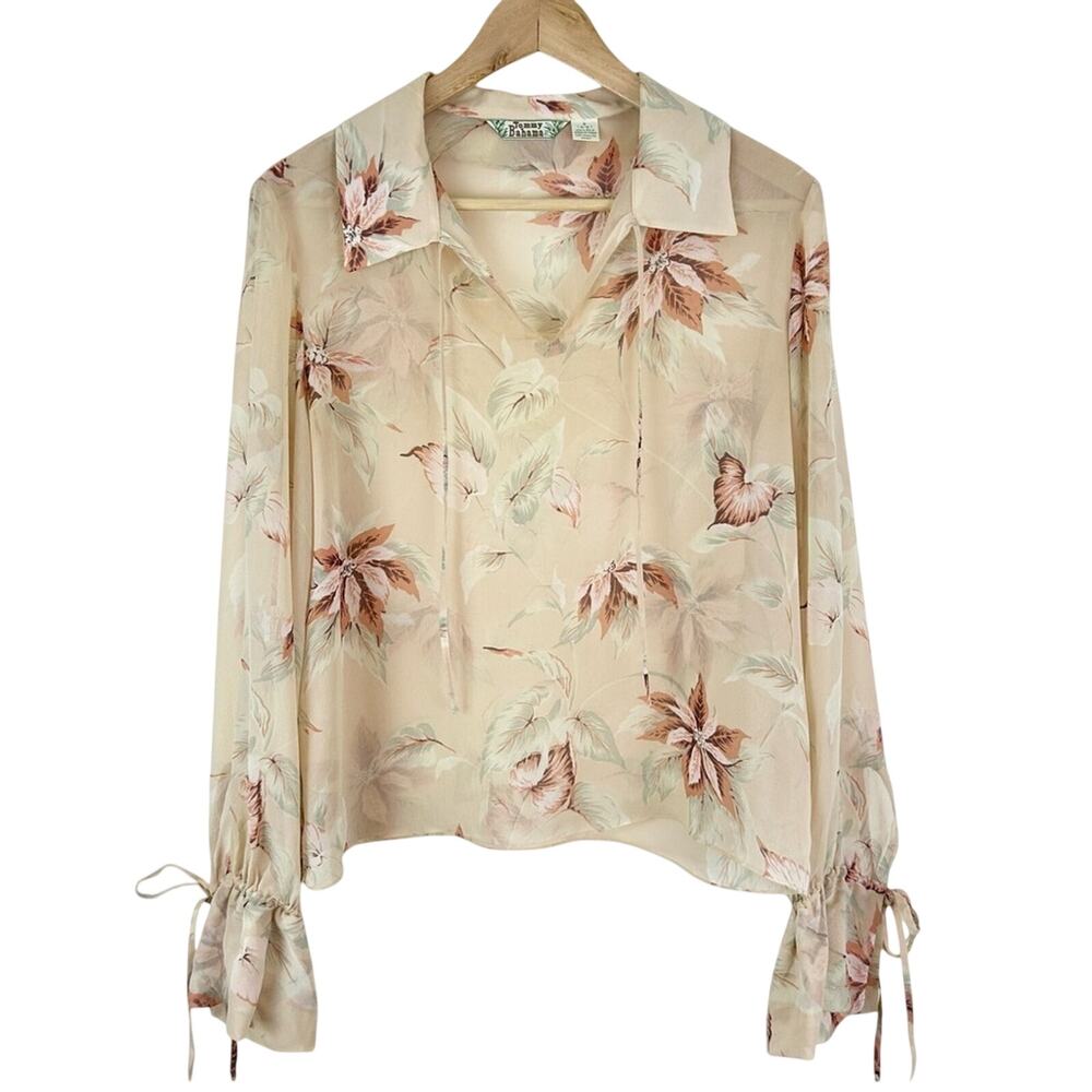 Vintage Tommy Bahama Silk‎ Top Women Small Floral Tropical Cover Up Natural  Y2K